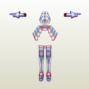 Peut inclure: Un ensemble de pièces d'armure en papiercraft, comprenant un casque, une cuirasse, des épaulettes, des jambières et des brassards. L'armure est argentée avec des accents rouges et des lignes bleues.