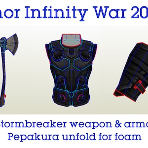 May include: A papercraft pattern for a Thor costume from the movie "Infinity War" (2018). The pattern includes a chest piece, arm piece, and the weapon "Stormbreaker". The pattern is designed to be unfolded and used for foam crafting.