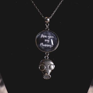 Doctor Who inspired "Are you my mummy?" quote image pendant necklace with  gas mask charm