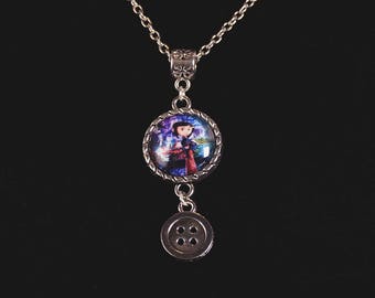 Coraline inspired image pendant necklace with hanging button charm