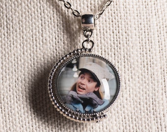 Wayne's World inspired double-sided spinning image pendant necklace