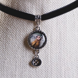Coraline inspired image pendant choker with hanging button charm.
