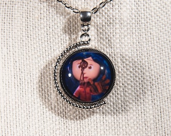 Coraline inspired double-sided/spinning Coraline and Ghost Children image pendant necklace