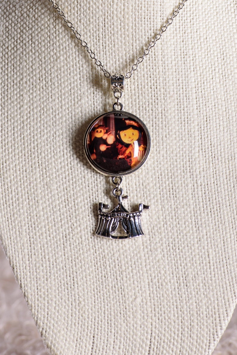 Coraline inspired Mouse Circus Bobinsky, Coraline/Wybie, Bobinsky image pendant necklace with circus tent charm 1st Image