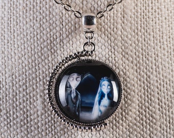 Corpse Bride inspired double-sided/spinning Victor and Emily/Victor and Victoria image pendant necklace