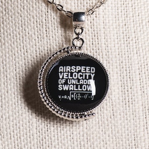 May include: A silver chain necklace with a black round pendant. The pendant has white text that reads "Airspeed Velocity of Unladen Swallow" and a mathematical formula.