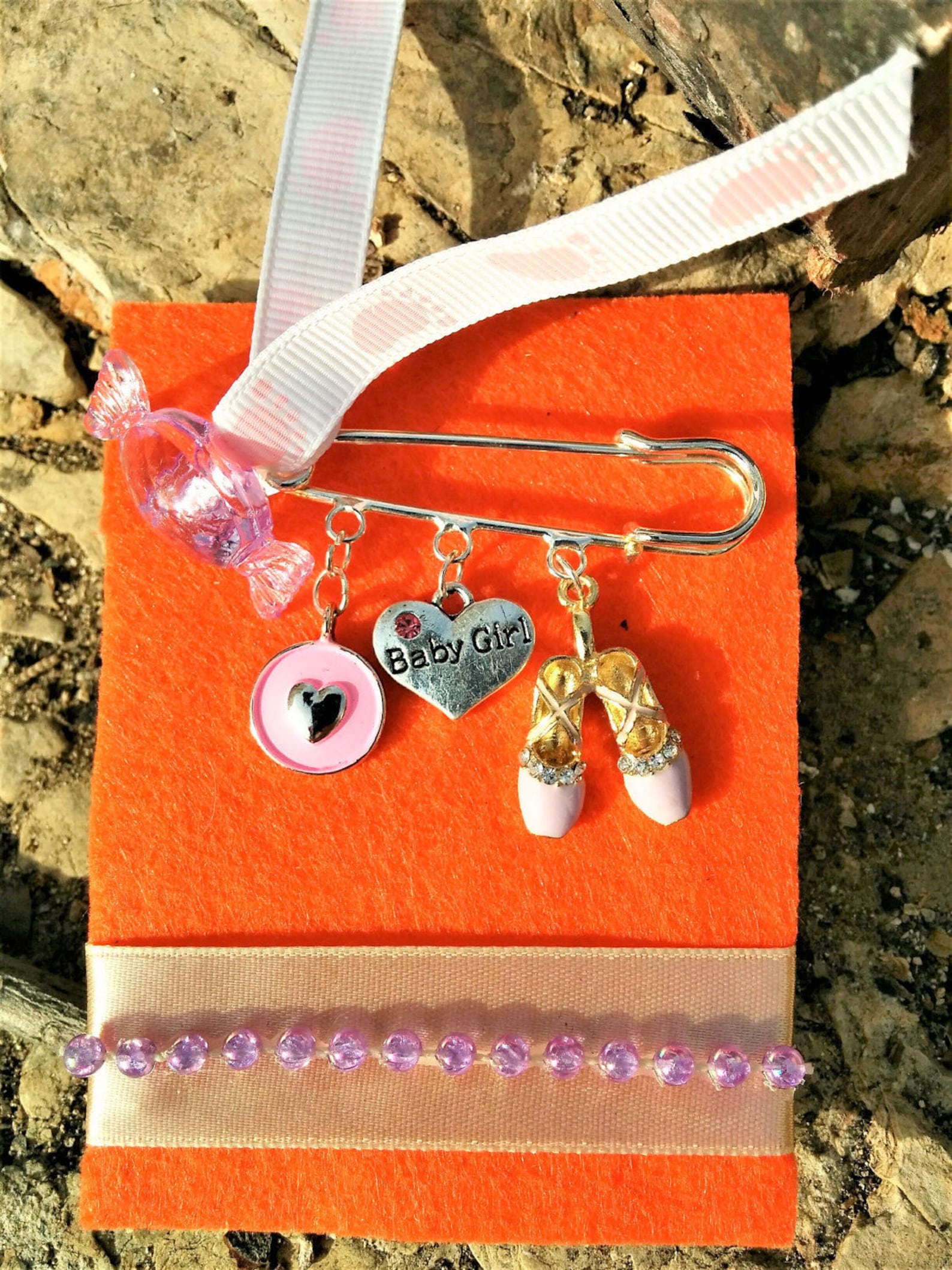 newborn/ baby girl/ new mom/ safety pin/ gift/ baptism/ baby shower/ ballet shoes/ evil eye/ charms/ heart/ candy bead/ footstep