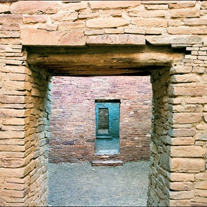Ancient stone walls at the Pueblo Bonito Ruin at Chaco Canyon, New Mexico. Art wall decor architectural photography showing rooms with doors