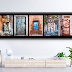 Panoramic photograph of a group of colorful blue Southwest Doors. Size 12 x 36  inch panoramic photograph art decor living room