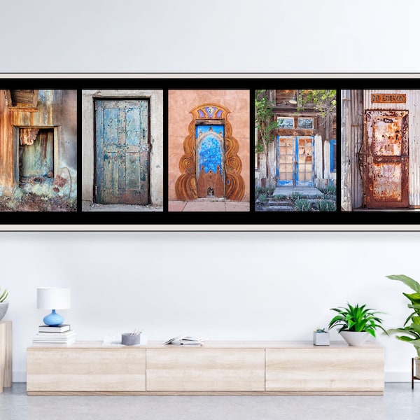 Panoramic photograph of a group of colorful blue Southwest Doors. Size 12 x 36  inch panoramic photograph art decor living room