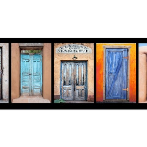 Panoramic photograph of a group of colorful blue Southwest Doors. Size 12 x 36  inch panoramic photograph art decor living room