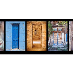Panoramic photograph of a group of colorful blue Southwest Doors. Size 12 x 36  inch panoramic photograph art decor living room