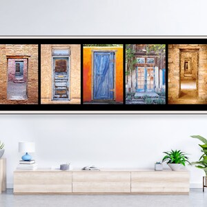 Panoramic photograph of a group of colorful ancient Southwest Doors. Size 12 x 36  inch panoramic photograph art decor living room