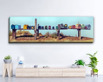 Group of colorful rural mailboxes in a row on country road. Panoramic canvas gallery wrapped art decor photograph.