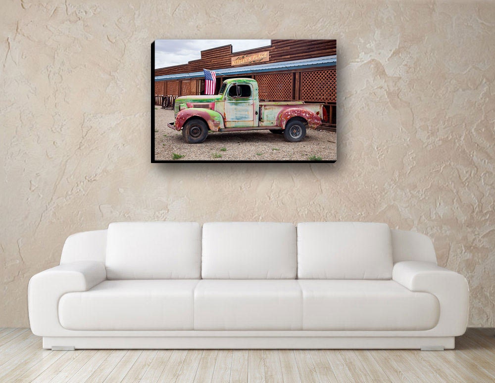 Old Rusty Classic Farm Truck and American Flag in Front of a