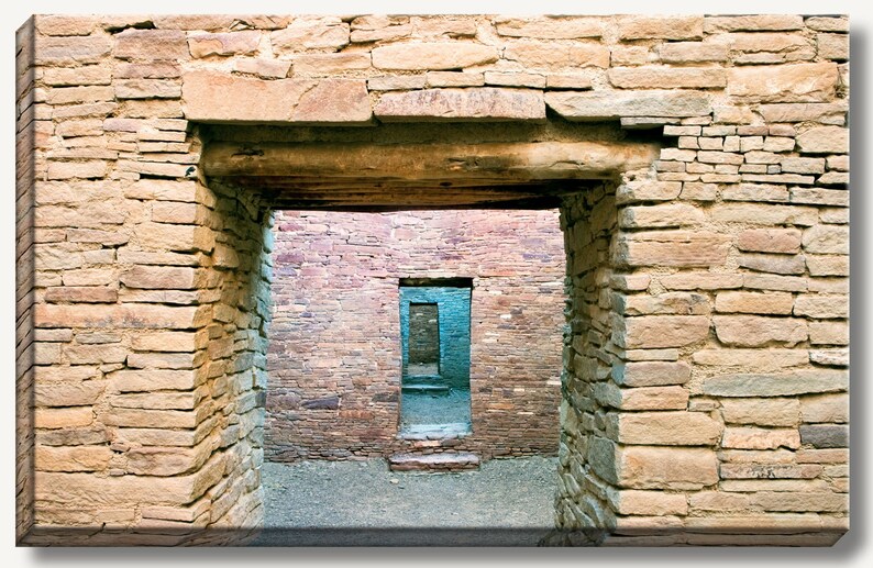 Ancient stone brown walls and doors at the Pueblo Bonito Ruin at Chaco Canyon, NM. Wall art photograph print on a gallery wrapped canvas. image 1