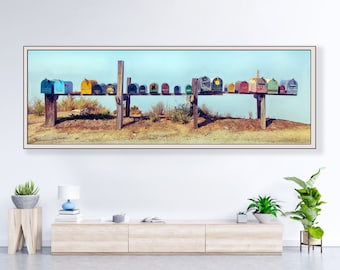 Group of colorful rural mailboxes in a row on a country road.  Size 12 x 36  inch panoramic photograph art decor living room