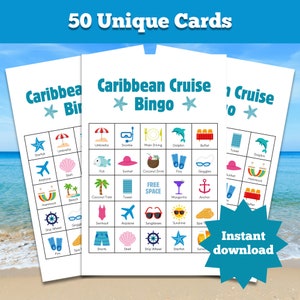 Caribbean Cruise Bingo, 50 Printable Bingo Cards, Cruise Party Game, Travel Activities, Games for Kids and Adults
