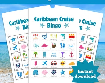 Bingo de crucero por el Caribe, 50 cartones de bingo imprimibles, juego de fiesta de crucero, actividades de viaje, juegos para niños y adultos