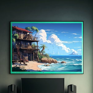 Pixel Art Poster Lofi Beach Art Print Lofi Art Canvas Lofi Framed Beach Vibes Cozy Gaming Room Art Anime Aesthetic Lofi Aesthetic Lofi Anime