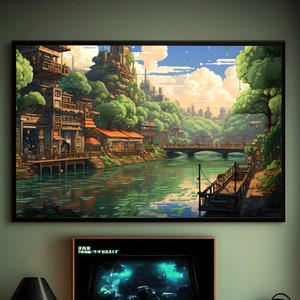 Pixel Art Poster Retro Futurism Poster Gamer Room Wall Solarpunk Art Fantasy World Art Decor Stardew Valley Poster Video Game Inspired