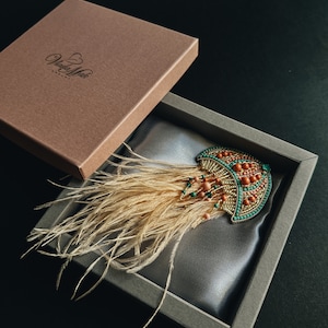 Vacation Jellyfish sea wave brooch for denim jacket with feather, beaded peach pin, embroidery sea jewelry for women, 30th birthday gift
