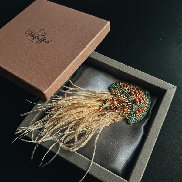 Vacation Jellyfish sea wave brooch for denim jacket with feather, beaded peach pin, embroidery sea jewelry for women, 30th birthday gift