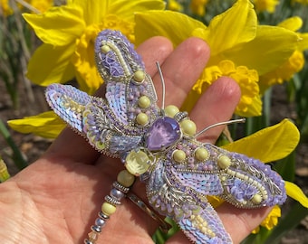 Lavender dragonfly brooch for butterfly lover, lemon insect pin of vintage style, beaded bug jewelry as a science teacher gift