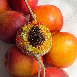 Hand‑Embroidered Peach Bag Charm – Beaded Fruit Accessory on Suede Cord summer handbag jewelry