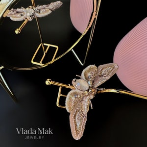 Beige moth brooch, handmade beaded cicada, golden insect pin for coat and bag, gift for butterfly lover, crystal bug brooch
