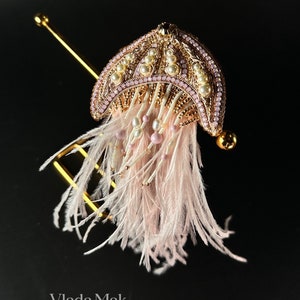 Vacation Jellyfish sea wave brooch for denim jacket with feather, beaded pink beige pin, embroidery sea jewelry for women with river pearls