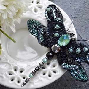 Mint dragonfly brooch, handmade beaded insect pin, crystal embroidered bug for coat or bag, gift for nature lover