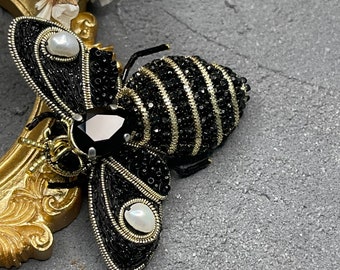 Gold bee brooch for insect lover, little black bumblebee pin with river  pearls, bead animal brooch for coat and shirt, thin art