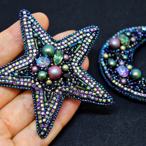 Christmas Set brooches Black star brooch gold moon brooch sparkling pin xmas embroidery jewelry beaded pin gift for women bug pin