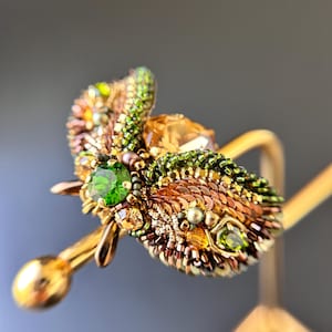 Insect olive bronze brooch for butterfly lover, green cicada moth pin of vintage style, beaded bug jewelry as a science teacher gift