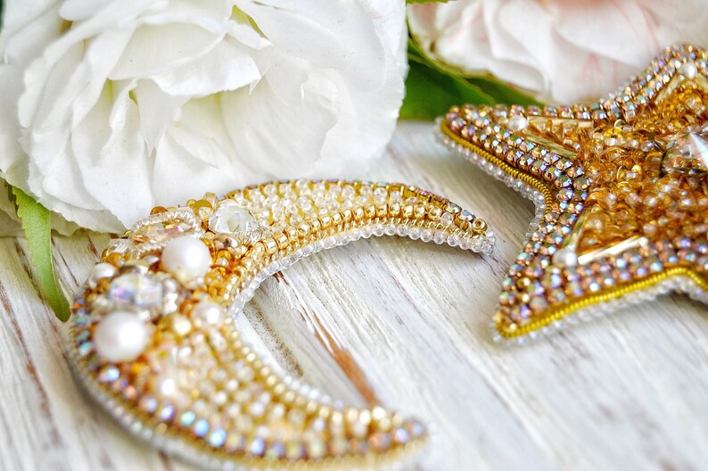 Gold Star Brooch Gold Moon Brooch Set Brooches Sparkling Pin Etsy