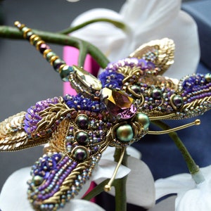 Olive Dragonfly Brooch, Purple Insect Pin, Gray Beaded Beetle, Nature Lover Gift, Handmade Jewelry, Butterfly Gift