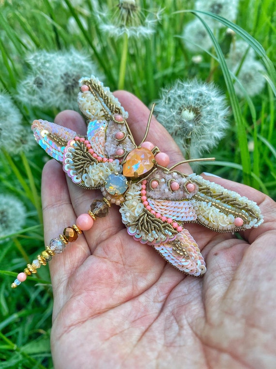 Peach Dragonfly Pin, Beige Beaded Jewelry, Peach Insect Brooch