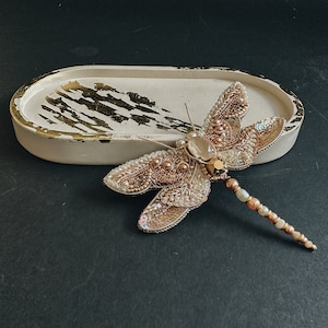 Beige dragonfly brooch, handmade insect pin for clothing or backpack, light beaded bug, gift for butterfly lover, unique bug jewelry