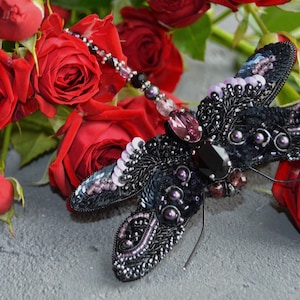 Handmade Black Dragonfly Brooch, Beaded Insect Pin for Clothes and Bags, Unique Gift for Butterfly Lover, Vintage Style Bug Jewelry