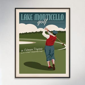 Lake Monticello Golf, Palmyra, Virginia, Vertical Digital Illustration Unframed Retro Travel Poster