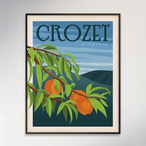 Ilustración digital vertical de Crozet, Virginia, huerto de duraznos, Charlottesville, póster de viaje retro sin marco.