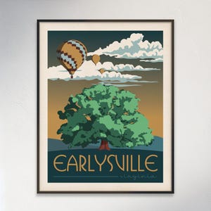 Earlysville, Virginia, Earlysville Oak Retro Vertical Digital Illustration Unframed Retro Travel Poster