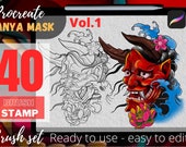 Hanya Mask Tattoo Brush Set, Japanese Stencils (Procreate)