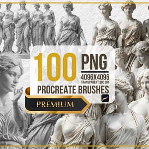 以下が含まれることがあります： さまざまなポーズをとった白い大理石の女性の彫刻が描かれた、100個のPNG形式のProcreateブラシ。ブラシは4096x4096ピクセル、透明、300DPIです。