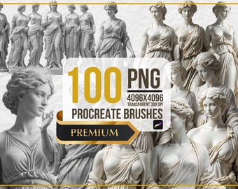 Può includere: 100 pennelli Procreate PNG con statue di donne in marmo bianco in varie pose. I pennelli sono di 4096x4096 pixel, trasparenti e 300 DPI.