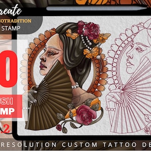 Neo tradition tattoo, Custom tattoo design, Tradition tattoo, Woman tattoo, Procreate tattoo, Flat tattoo, tattoo stamp, tattoo stamps