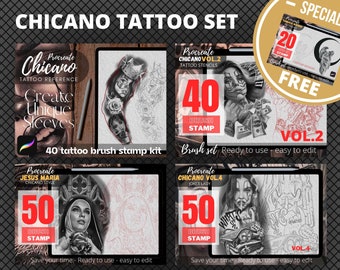 May include: A set of four digital tattoo brush stamp kits for Procreate. Each kit features a different Chicano style tattoo design, including a woman with a crown, a man with money, a woman with a rosary, and a woman with a joker makeup. The kits include 40 to 50 brush stamps each and are ready to use and easy to edit.