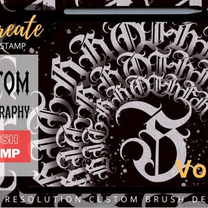 Puede incluir: Diseño de sello de pincel Procreate con caligrafía personalizada en blanco y negro. El diseño está etiquetado como "Custom Calligraphy" y "Vol. 4".