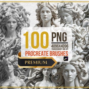 Può includere: 100 pennelli Procreate, un prodotto di arte digitale che presenta una collezione di immagini PNG trasparenti ad alta risoluzione di Medusa, una figura mitologica greca con serpenti per capelli. Le immagini sono di 4096x4096 pixel e 300 DPI.